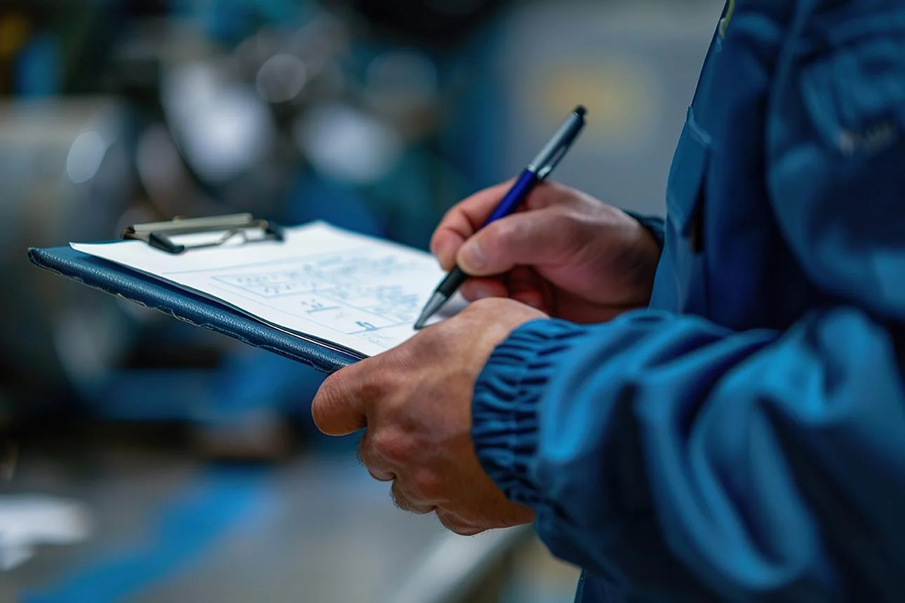 Une personne renseigne une fiche de contrôle dans un atelier.